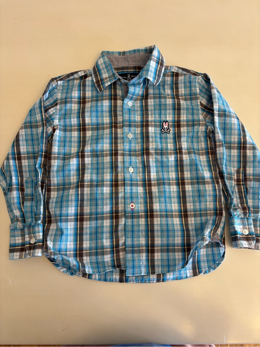 Psycho Bunny Button down plaid shirt blue kids size 5-6